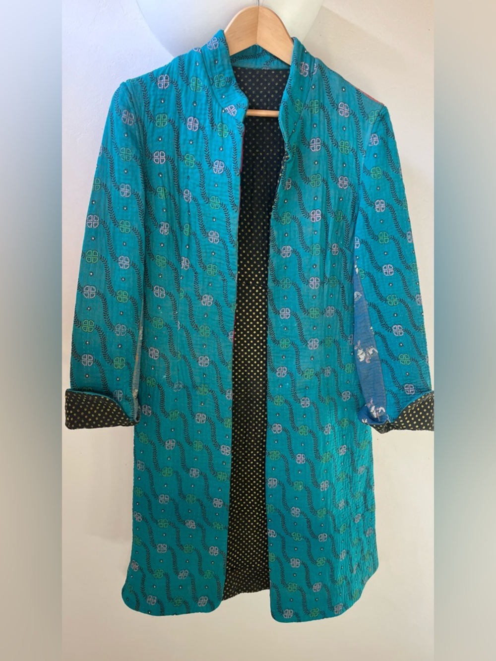 Neeru Kumar Teal Vintage Cotton Kantha Long Coat Women’s Small